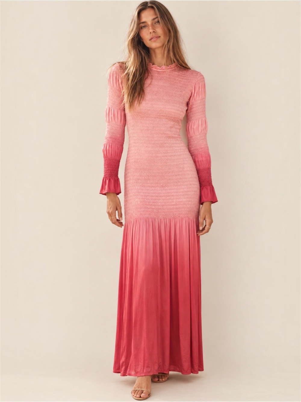 PAR & ESCALA Leandra Pink Ombré Smocked Maxi Dress S Rare